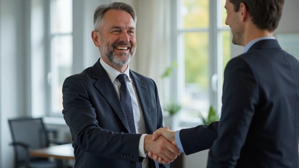 Twee zaksmensen geven elkaar een handdruk na succesvol akkoord in modern kantoor