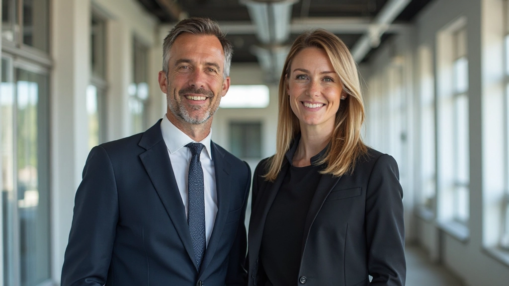 Man in grijs pak en vrouw in zwarte blouse, beide glimlachend, elkaar aankijkend in professioneel kantoor