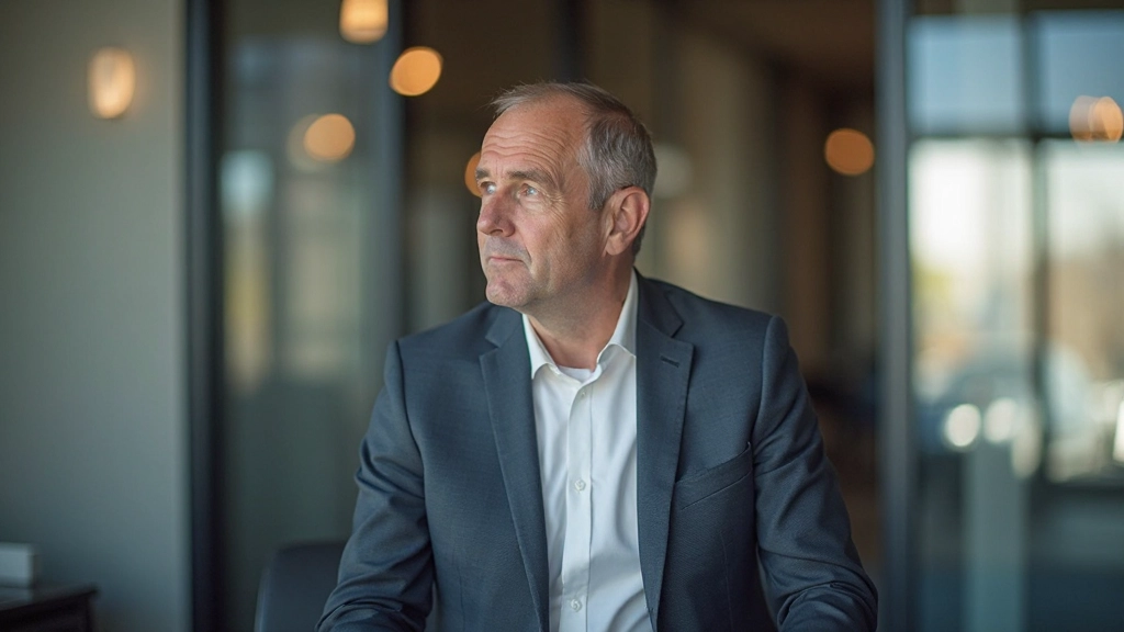 Professionele man zit in kantoor met verwachting vol gezichtsuitdrukking, natuurlijke verlichting