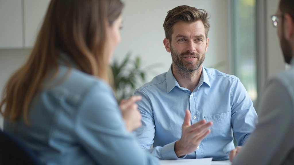 Man en vrouw in onderhandelingsgesprek, beide glimlachen en gestureren positief