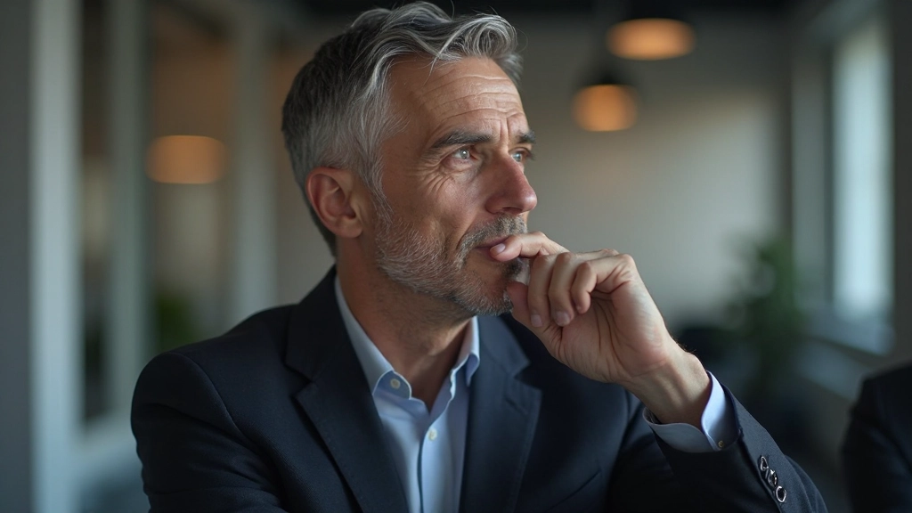 Man in donkerblauwe blazer, bezorgde uitdrukking, hand aan kin, denkend in kantoor setting
