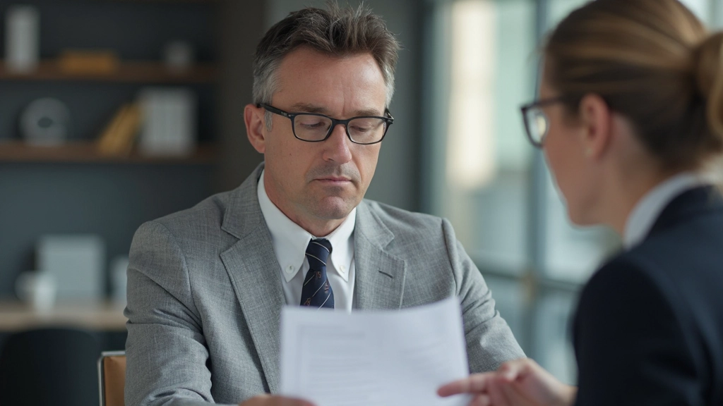 Twee professionals bespreken documenten aan een tafel in een kantooromgeving