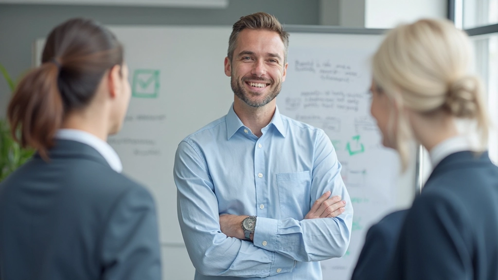 Drie professionals in brainstormsessie, één wijst naar whiteboard met notities