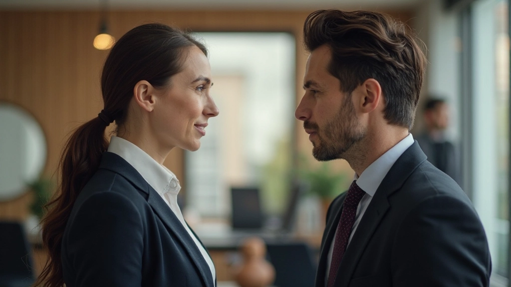 Twee professionals die elkaar vertrouwend aankijken tijdens een ernstig gesprek in een kantooromgeving