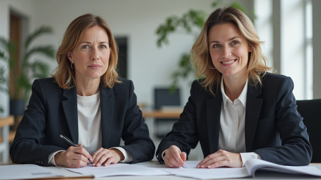 Twee professionele vrouwen voeren succesvolle onderhandeling in moderne kantooromgeving met notities en documenten op tafel