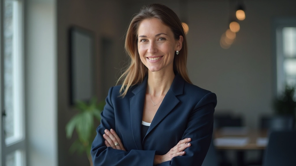 Professionele vrouw staat zelfverzekerd in vergaderruimte, onderhandelingstafel op achtergrond